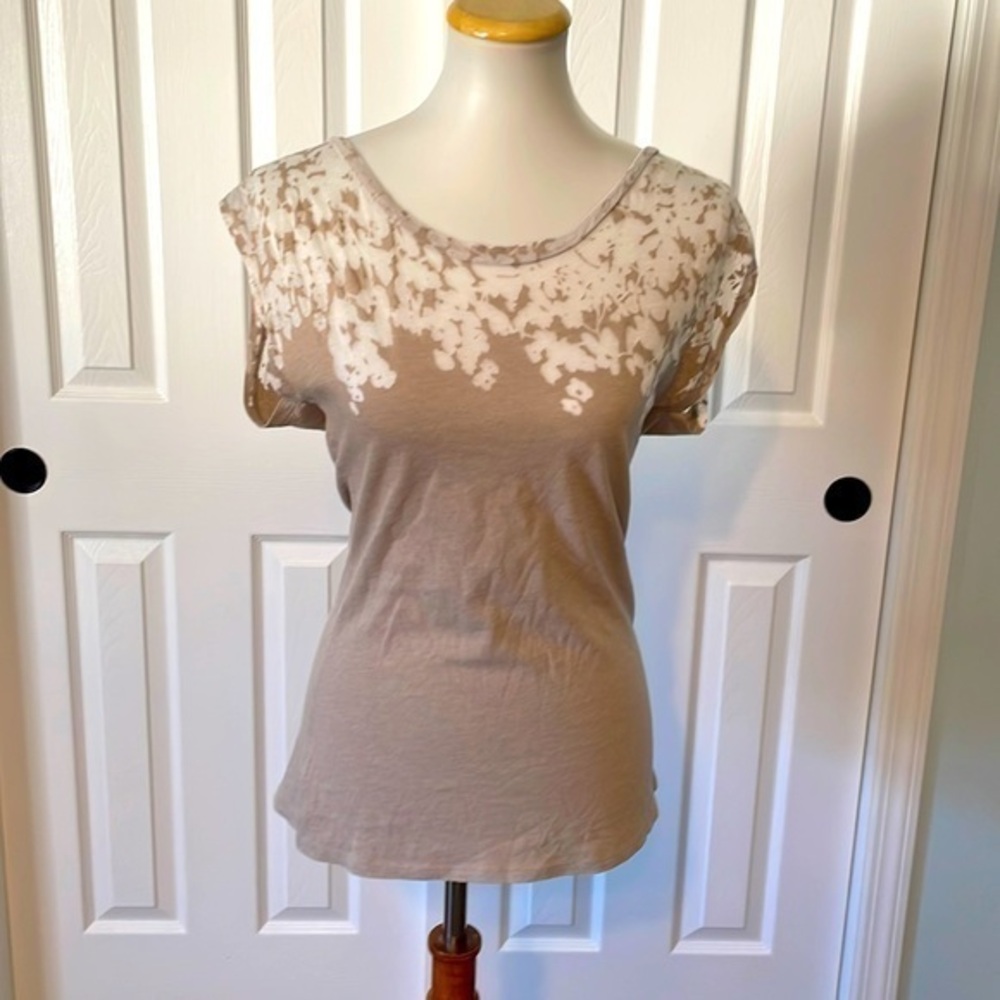 Banana Republic short sleeve semi sheer top, light brown with white flower top.
